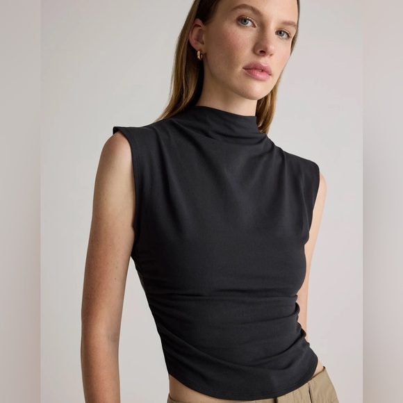 Quince mock neck top ruched Stretch Cotton Jersey Sleeveless tank cropped - Picture 1 of 9